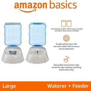 Amazon Basics Automatic Dog Cat Water Dispenser Gravity Feeder and Waterer Set, Large, 456.6fl.oz food feeder, 382.1fl.oz water dispenser, Gray